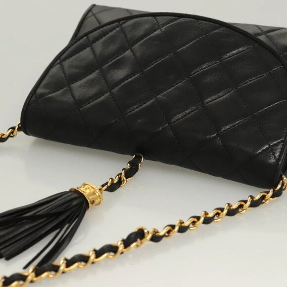 CHANEL Matelasse Chain Shoulder Bag Lamb Skin Black Gold CC Auth BA3125 - Picture 7 of 14